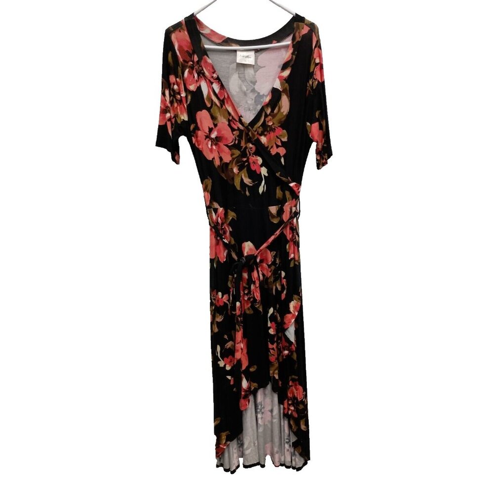 Ella Mara Womens H Low‎ Wrap Dress Large Black Red Floral Short Sleeve BOHO